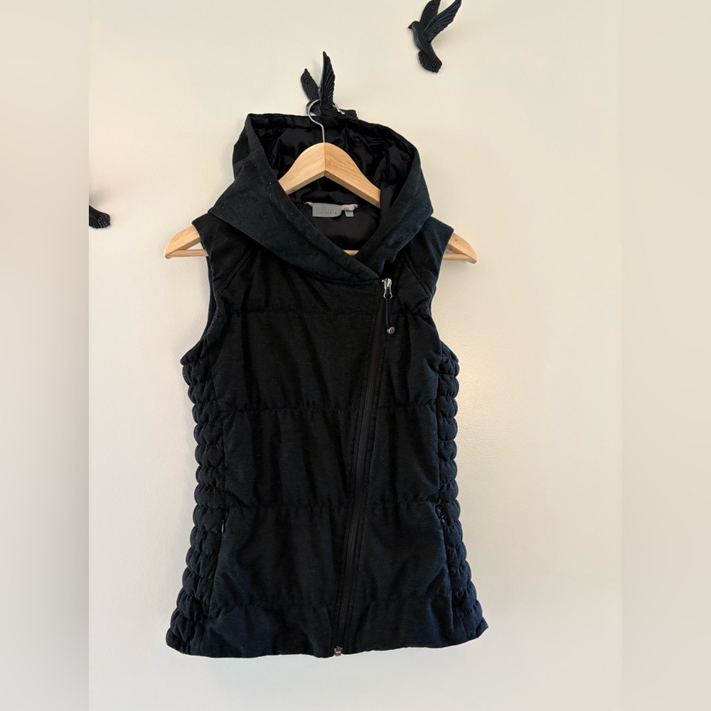 Athleta Black Goose-down Quilted Hooded Puffer Vest
